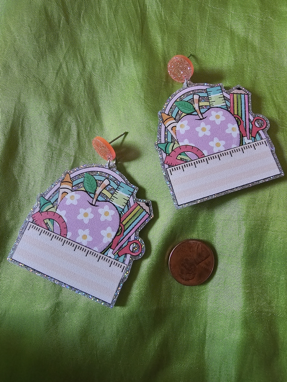 Pink Floral Apple School Supply Drop Earrings -